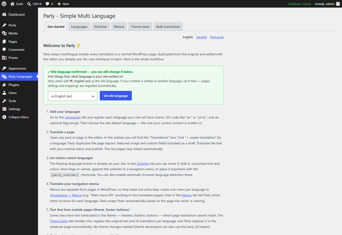 Parly dashboard in WordPress showing the setup workflow and the site language selection