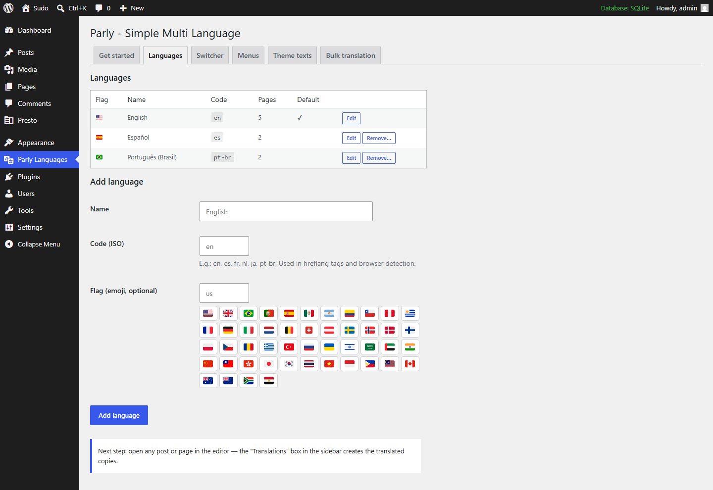 Parly languages screen with a table of English, Español and Português and a flag picker